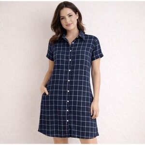 Barbour Summer Tartan Dress Sz 6 Navy Windowpane 100% Linen Shirt Dress Heritage